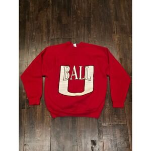 Vintage Discus Athletic Ball U Crewneck Sweatshirt Mens L Red USA Puff‎ Print